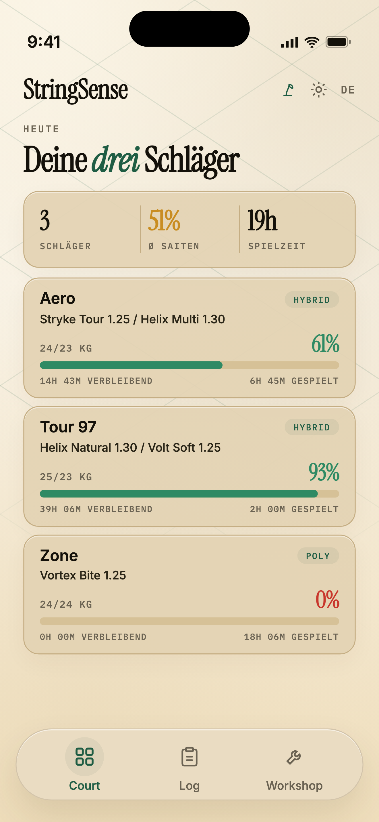 StringSense Dashboard — Schläger mit Saiten-Gesundheitsanzeige